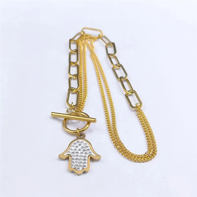 Islam Hand Crystal Stainless Steel Chain Necklaces Women Gold Color Choker Necklace