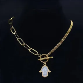 Islam Hand Crystal Stainless Steel Chain Necklaces Women Gold Color Choker Necklace