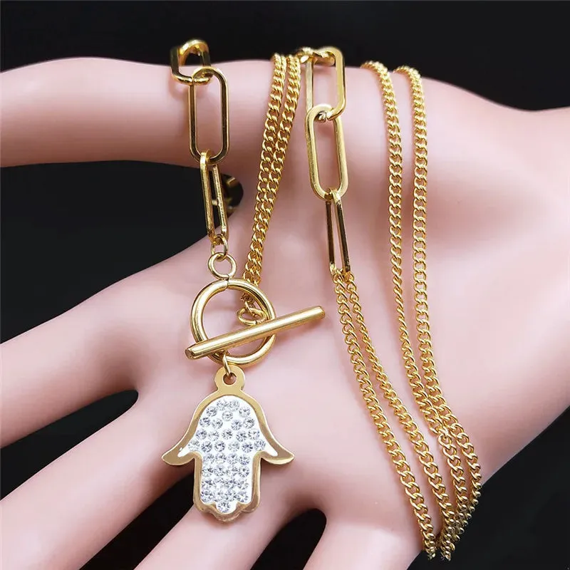 Islam Hand Crystal Stainless Steel Chain Necklaces Women Gold Color Choker Necklace