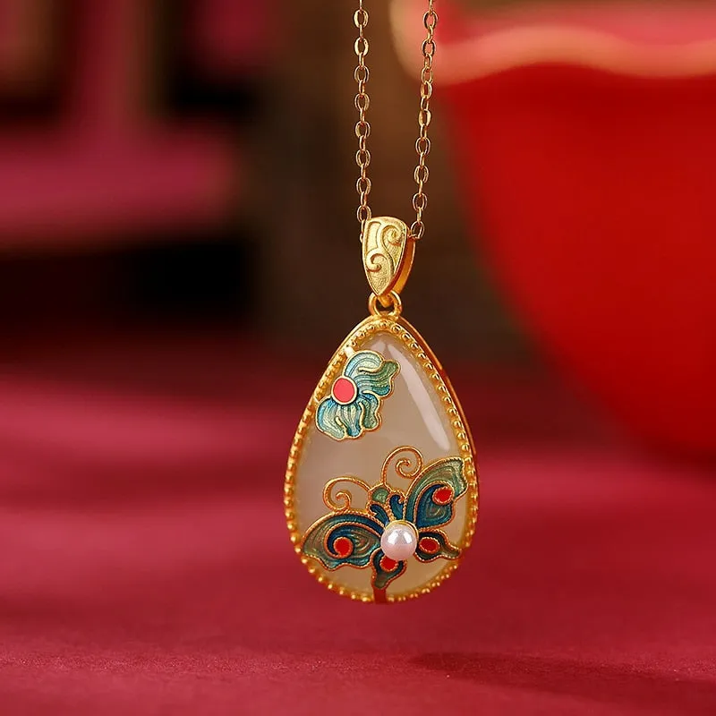 jade Water droplet pendant exquisite pearl enamel butterfly necklace