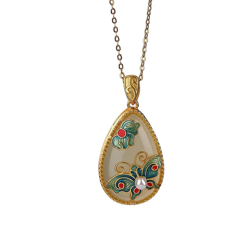 jade Water droplet pendant exquisite pearl enamel butterfly necklace