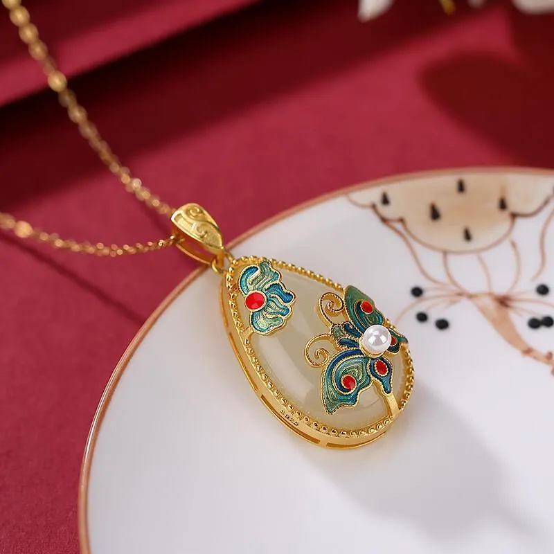 jade Water droplet pendant exquisite pearl enamel butterfly necklace