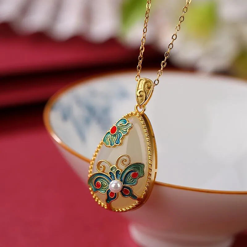 jade Water droplet pendant exquisite pearl enamel butterfly necklace