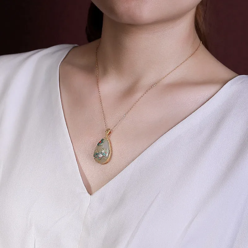 jade Water droplet pendant exquisite pearl enamel butterfly necklace