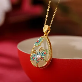 jade Water droplet pendant exquisite pearl enamel butterfly necklace