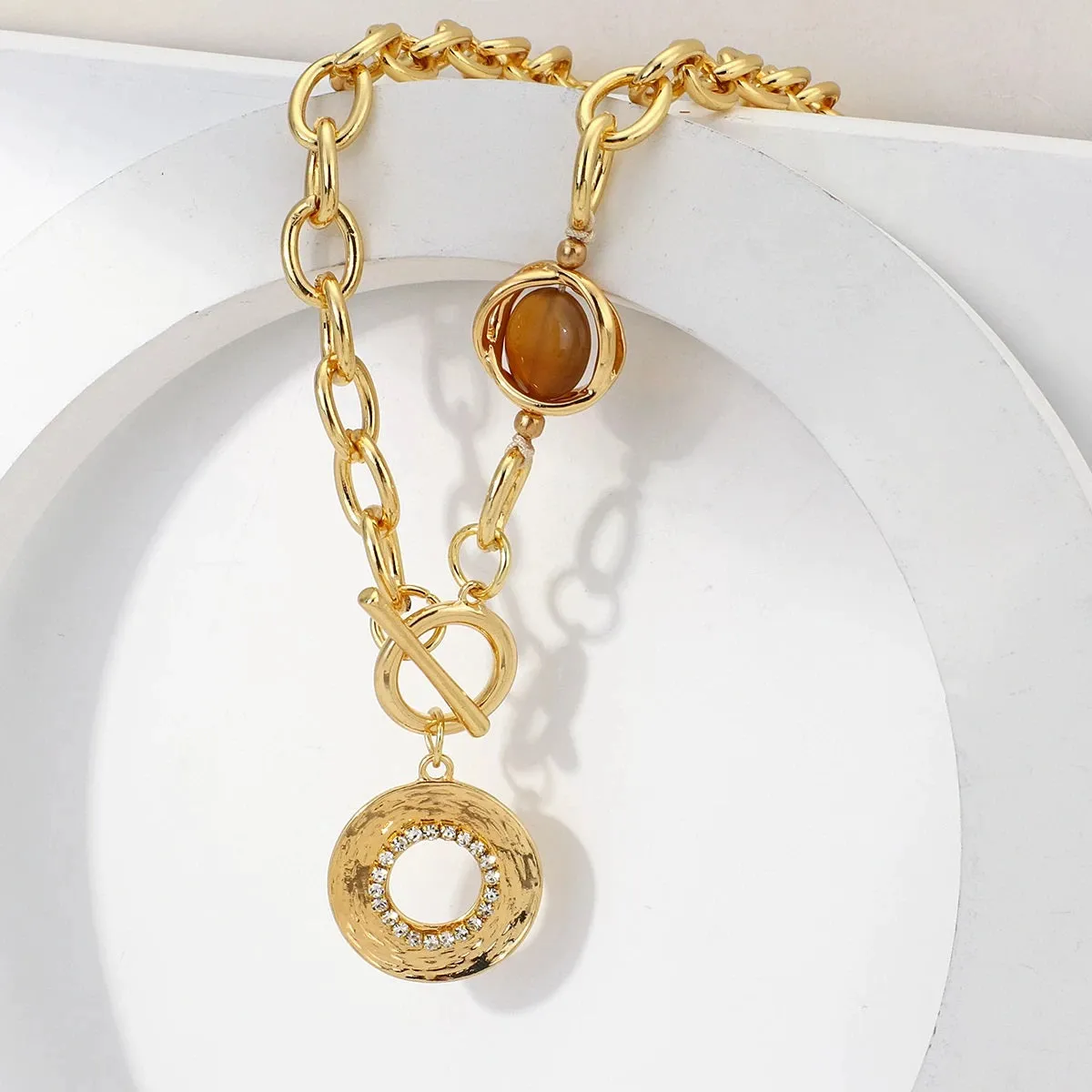 Ladies Gold Smoky Gemstone Chunky Round Link Choker Necklace