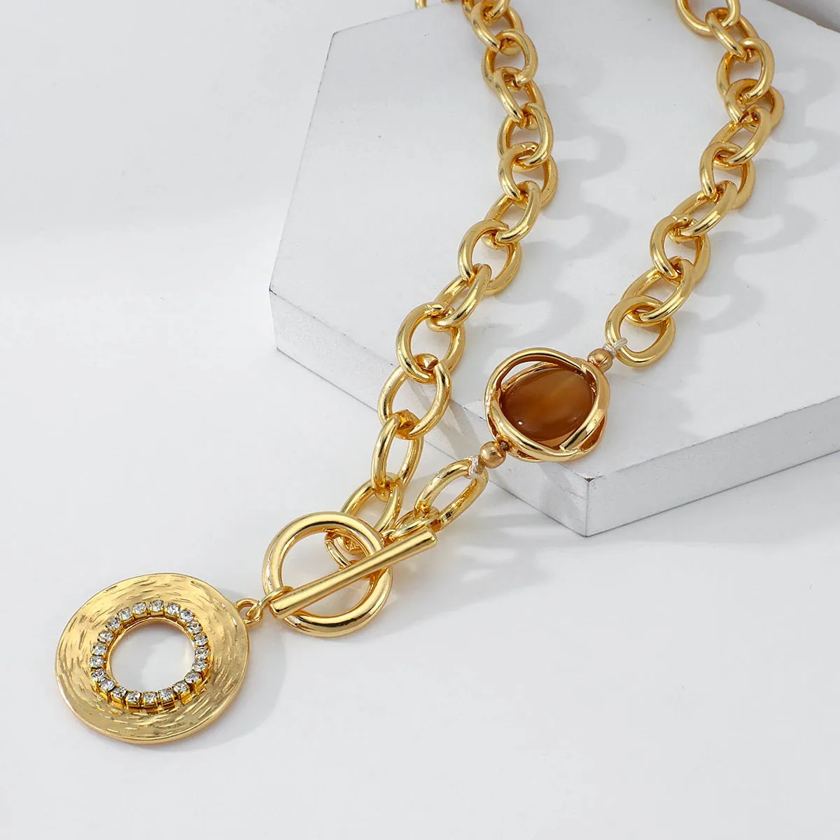 Ladies Gold Smoky Gemstone Chunky Round Link Choker Necklace