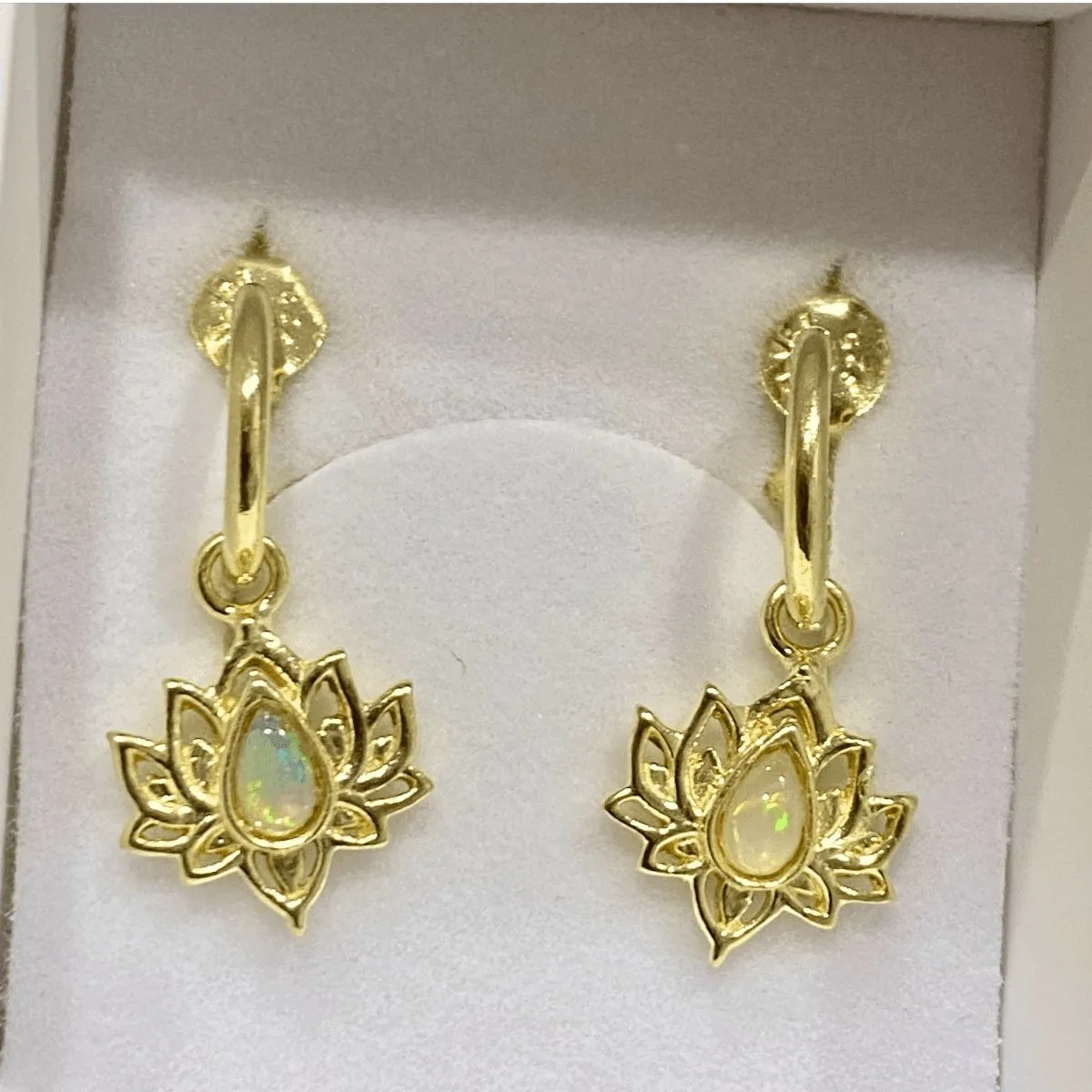 Laihas Opulent Lotus Flower Gold Opal Hoop Earrings