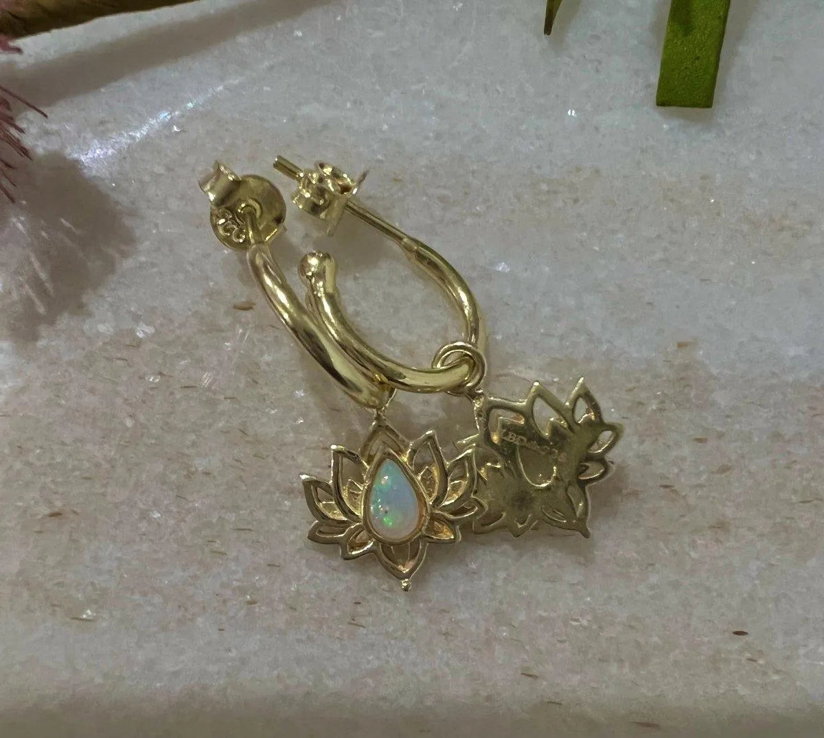 Laihas Opulent Lotus Flower Gold Opal Hoop Earrings