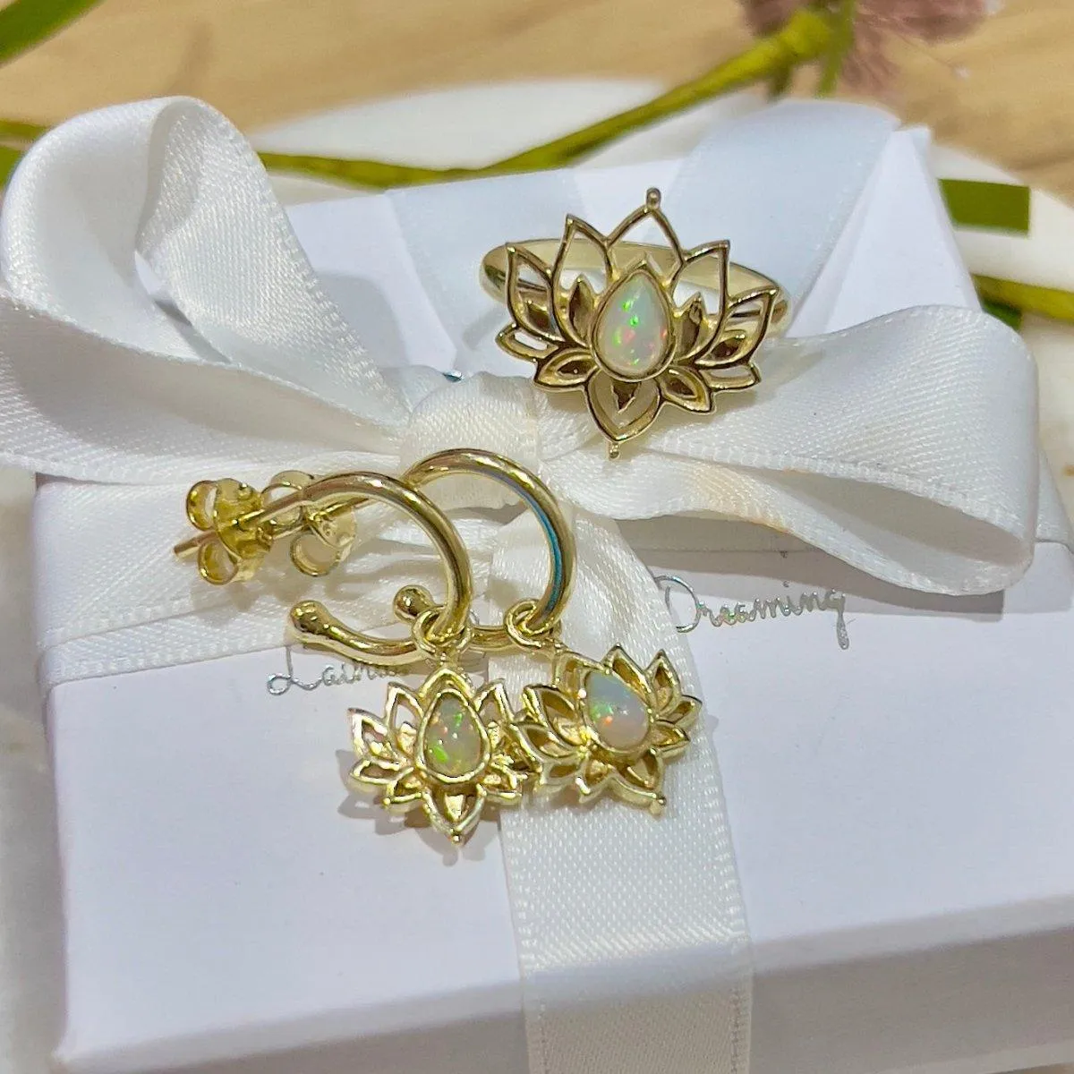 Laihas Opulent Lotus Flower Gold Opal Hoop Earrings