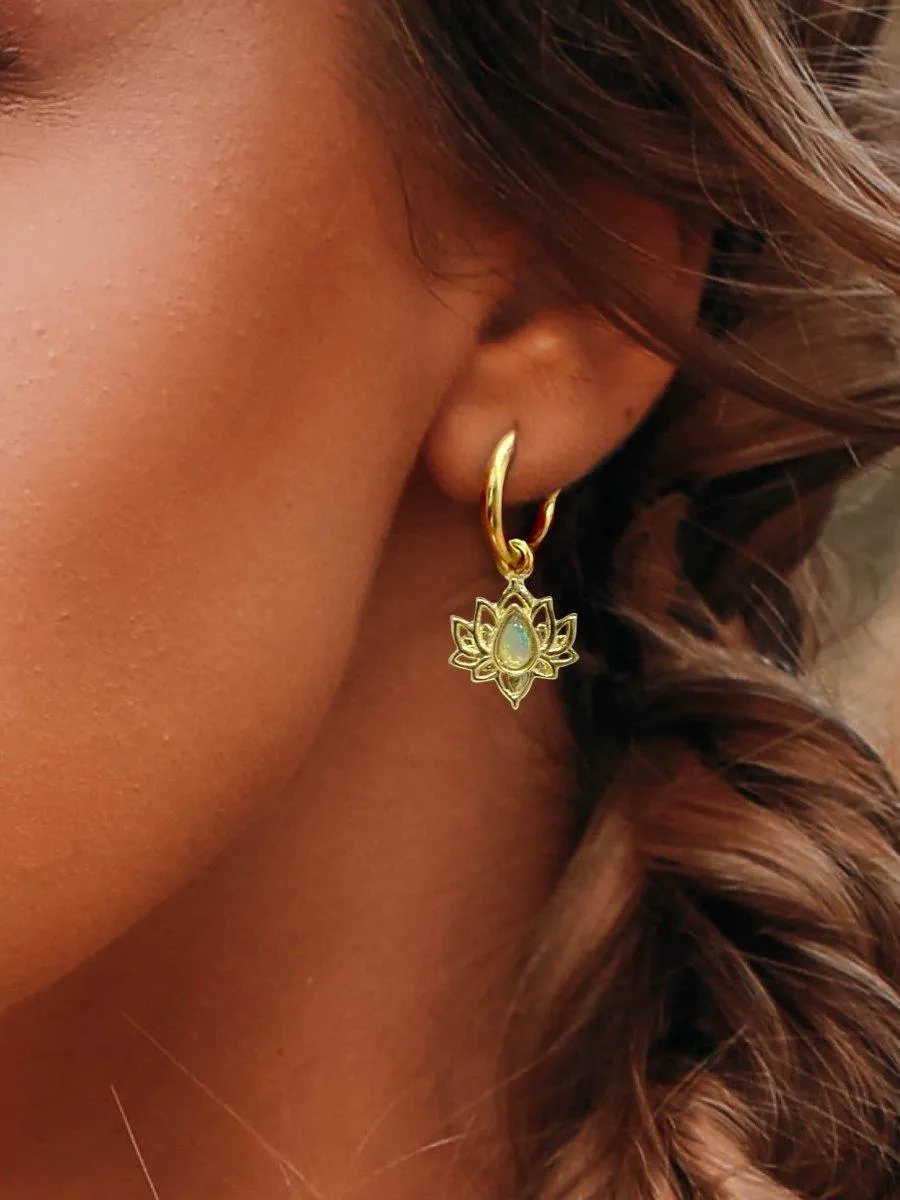 Laihas Opulent Lotus Flower Gold Opal Hoop Earrings