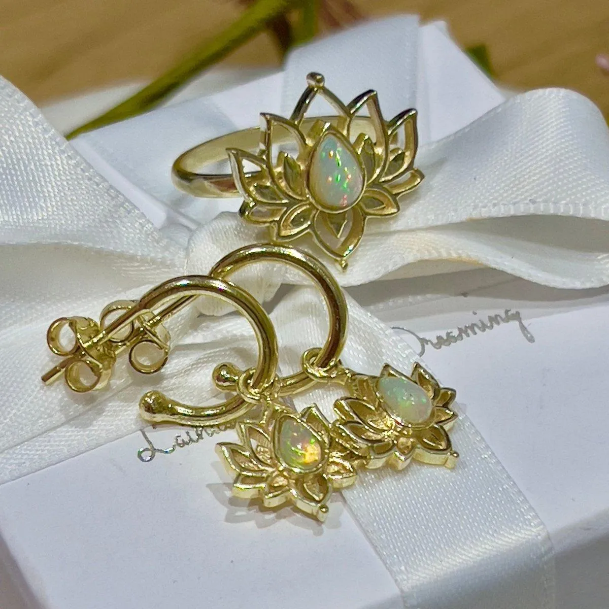Laihas Opulent Lotus Flower Gold Opal Hoop Earrings