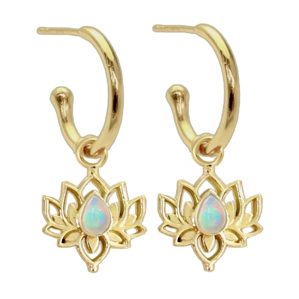Laihas Opulent Lotus Flower Gold Opal Hoop Earrings