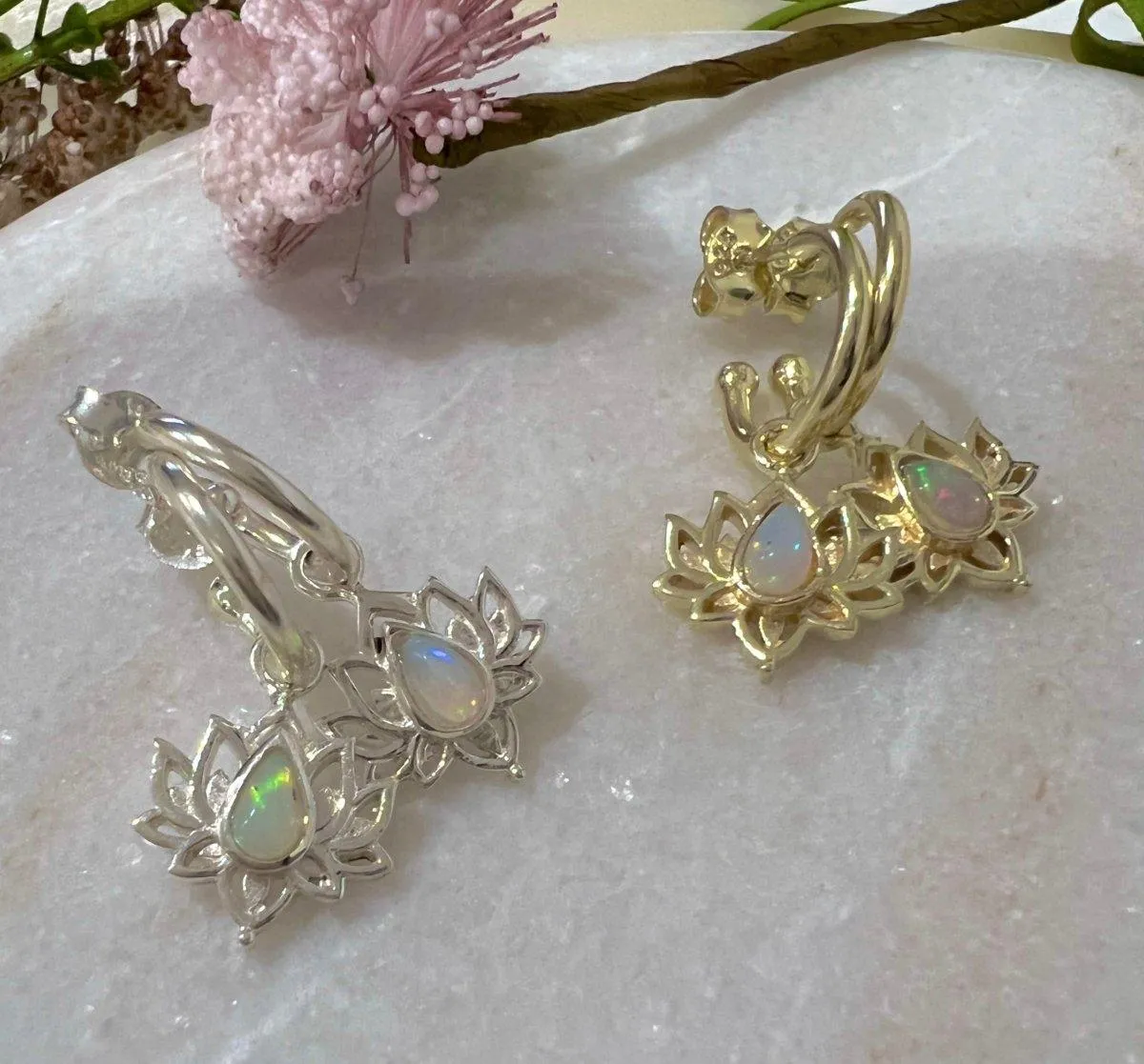 Laihas Opulent Lotus Flower Gold Opal Hoop Earrings