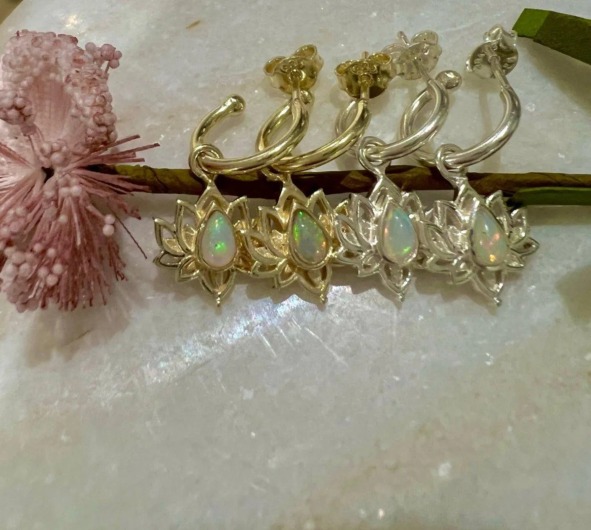 Laihas Opulent Lotus Flower Gold Opal Hoop Earrings