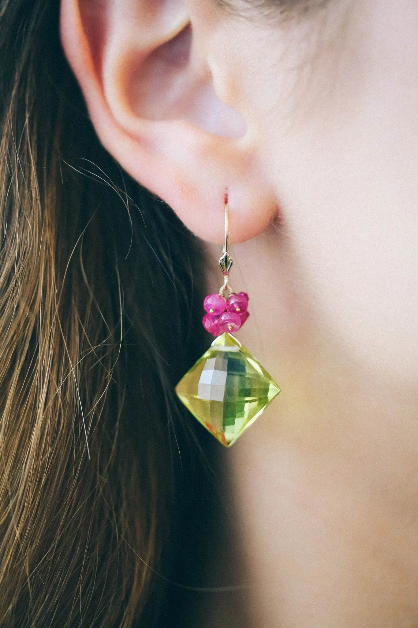 Lemon Topaz and Ruby Earrings in Gold