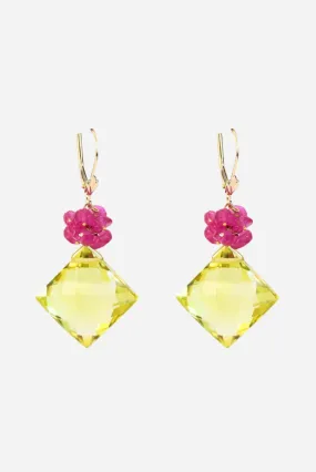 Lemon Topaz and Ruby Earrings in Gold
