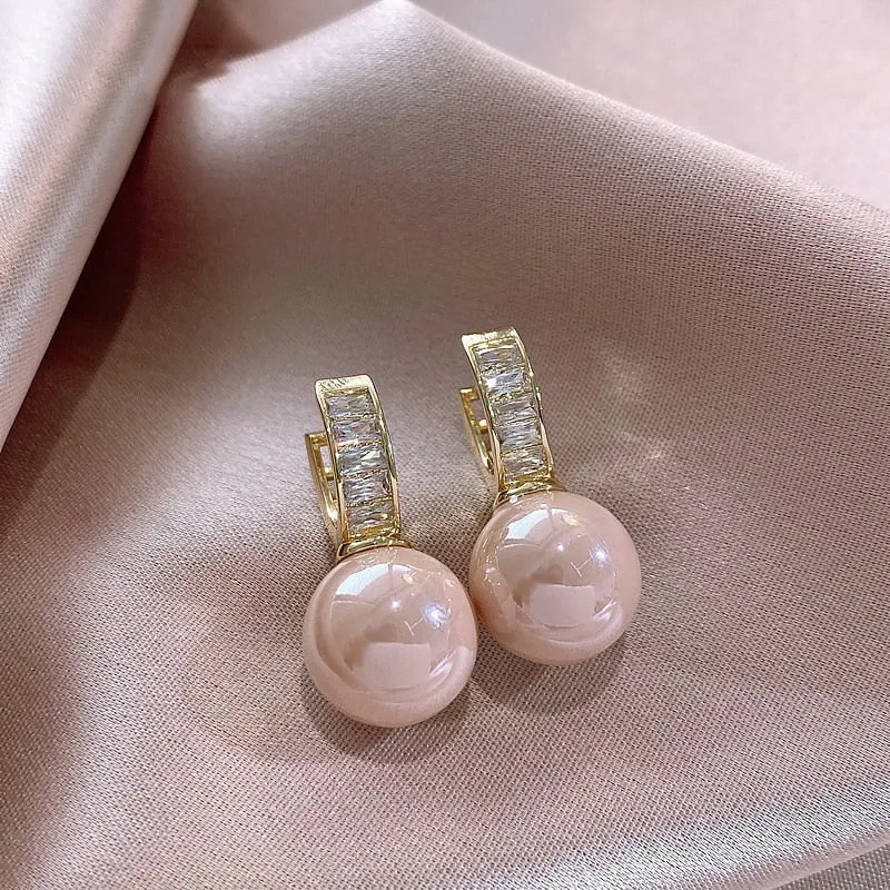 Luxury Hollow U Pearl Dangle Earrings Zircon For Women Gold Party Jewelry