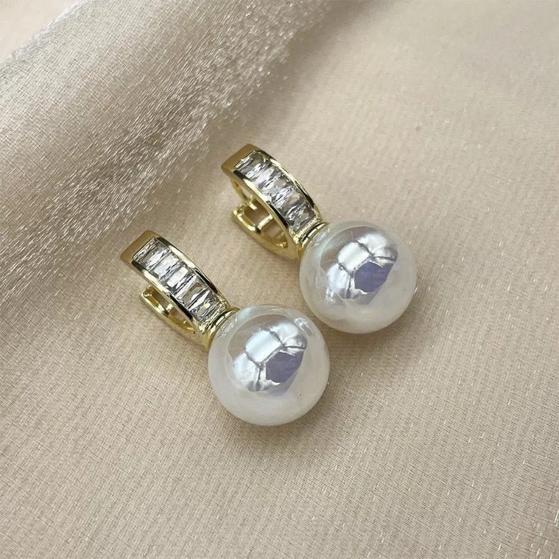 Luxury Hollow U Pearl Dangle Earrings Zircon For Women Gold Party Jewelry