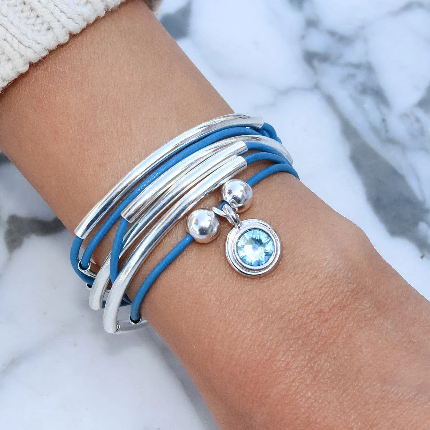 March Birthstone Aquamarine Blue Crystal Charm - Silver
