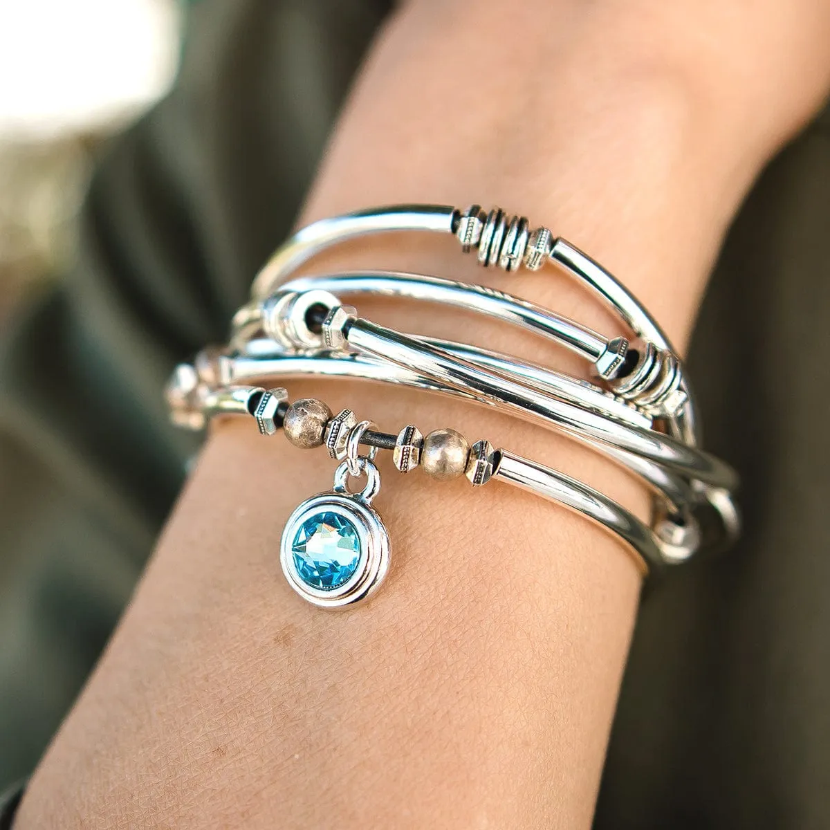 March Birthstone Aquamarine Blue Crystal Charm - Silver