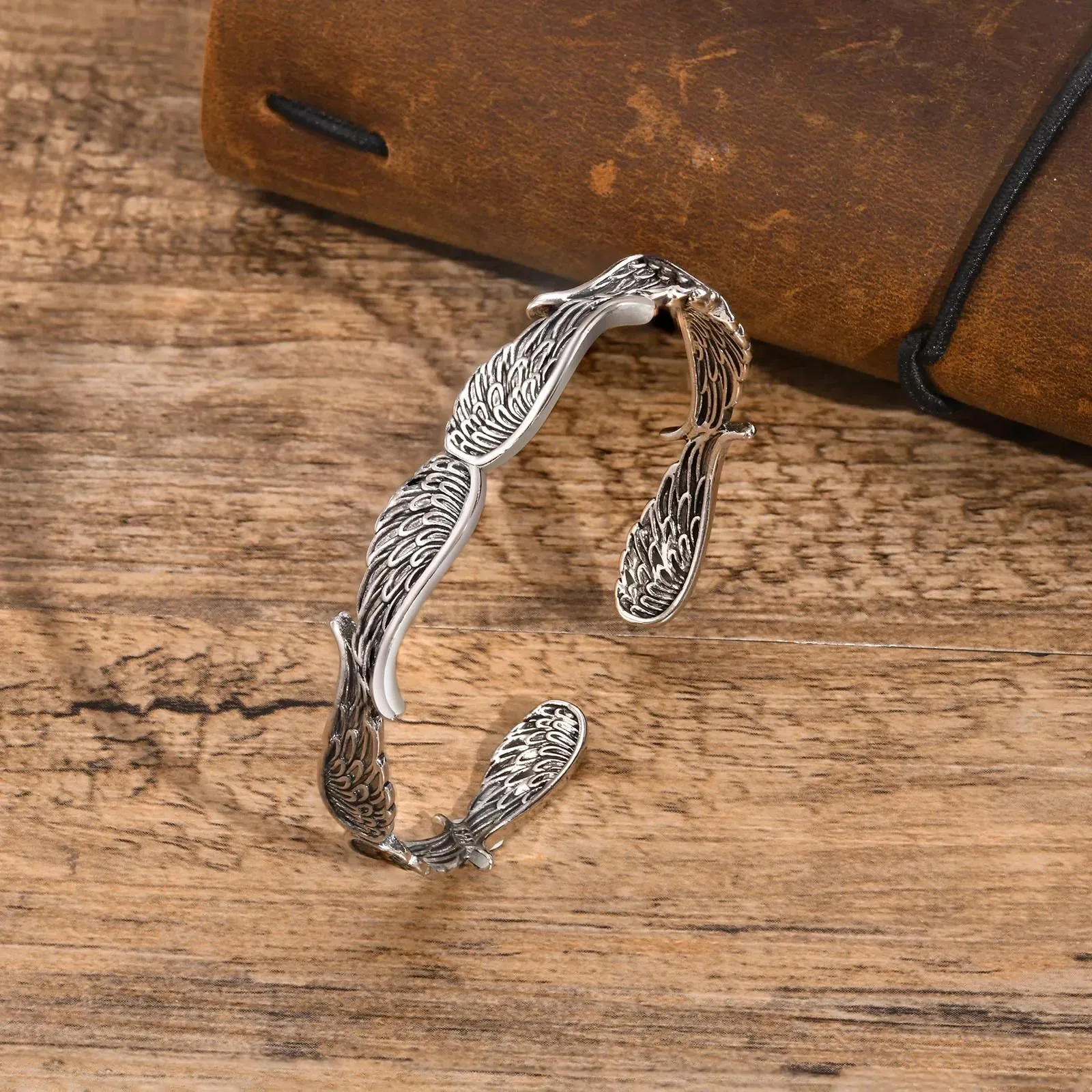 Men Vintage Angel Wings Cuff Bracelet, Rock Stylish Guardian Angel Wing Bangle Bracelets