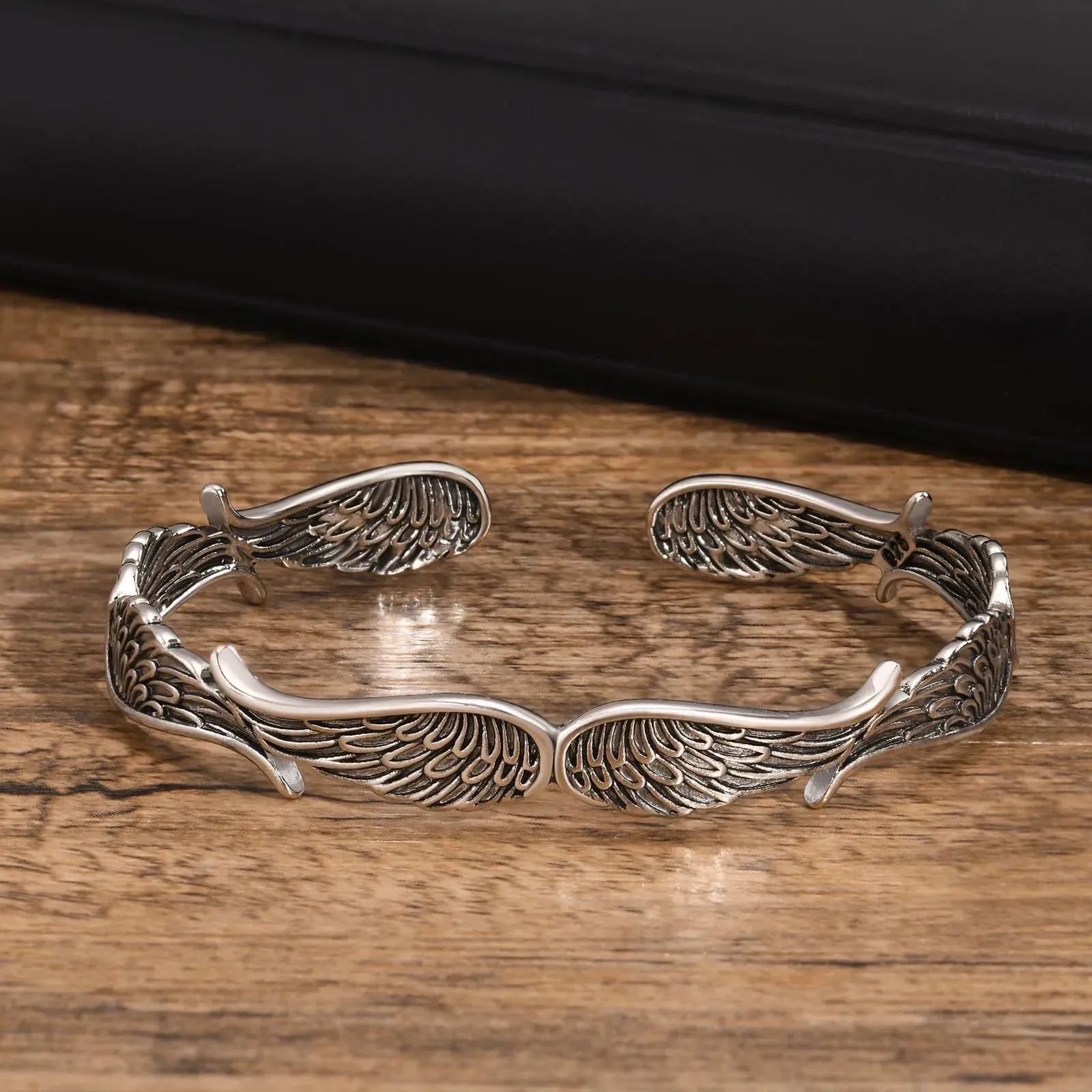 Men Vintage Angel Wings Cuff Bracelet, Rock Stylish Guardian Angel Wing Bangle Bracelets