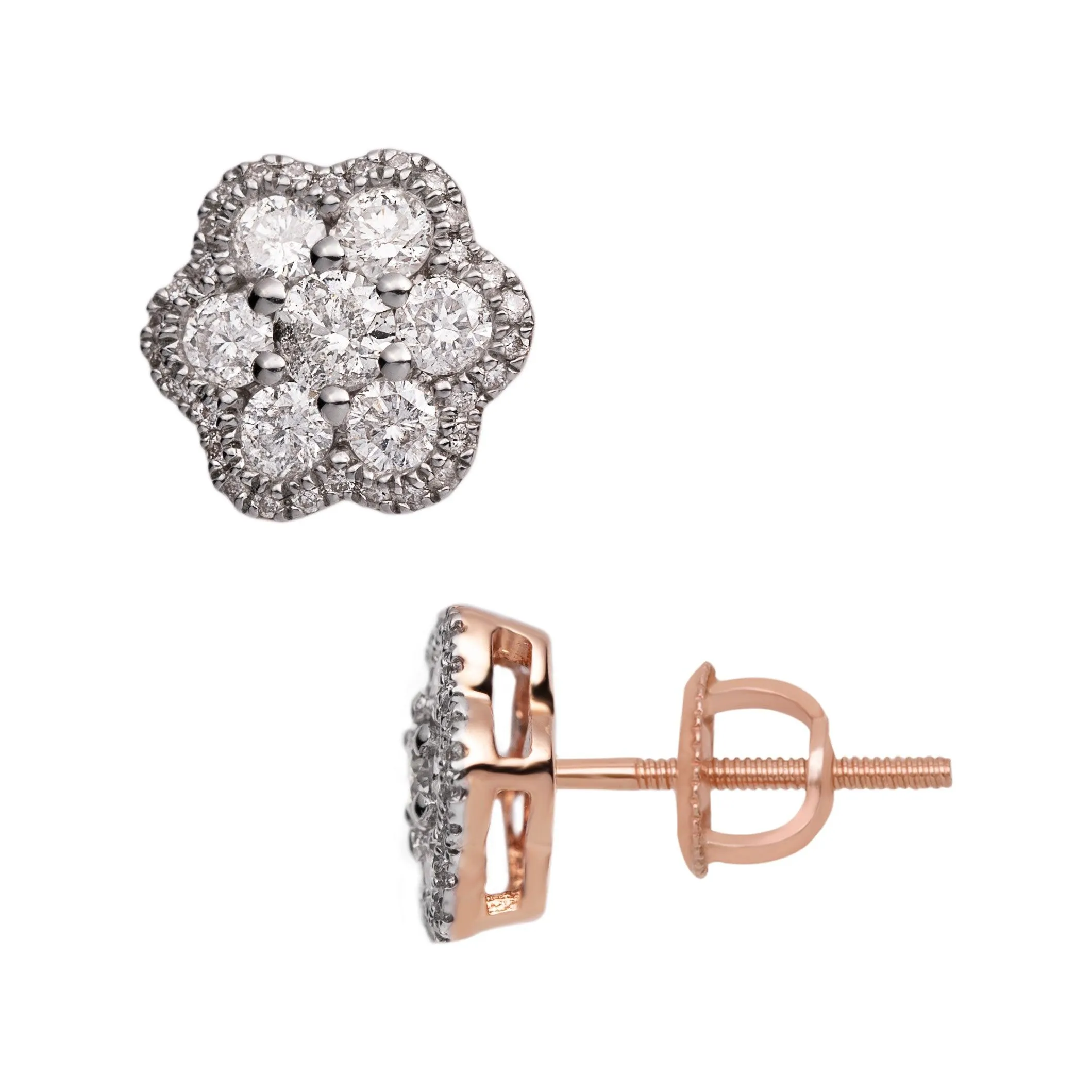 Men's Flower Cluster Diamond Stud Earrings 0.98ct 14K Rose Gold