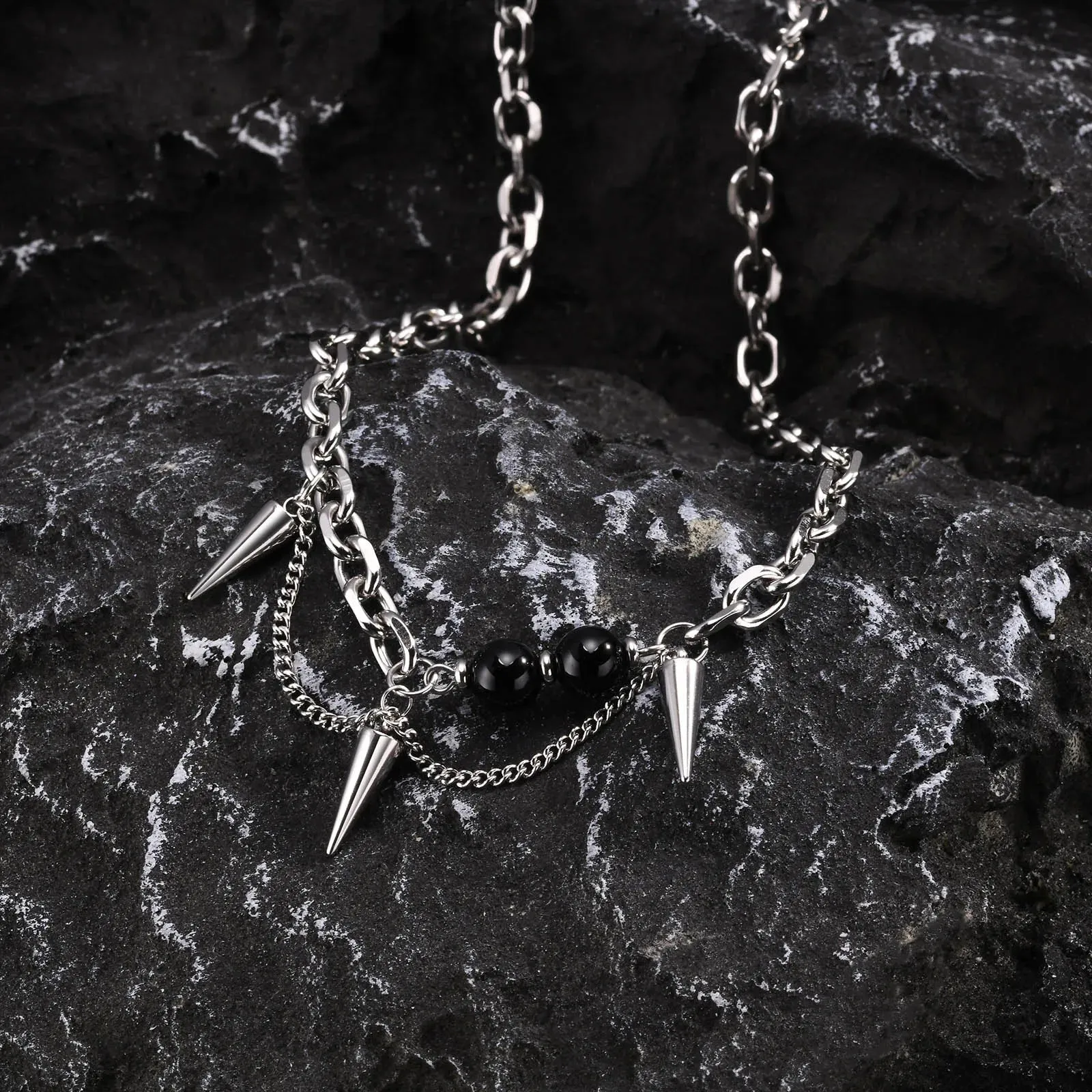 Mens Gothic Cone Necklaces, Waterproof Stainless Steel Rolo Link Chain Choker Collar Gifts