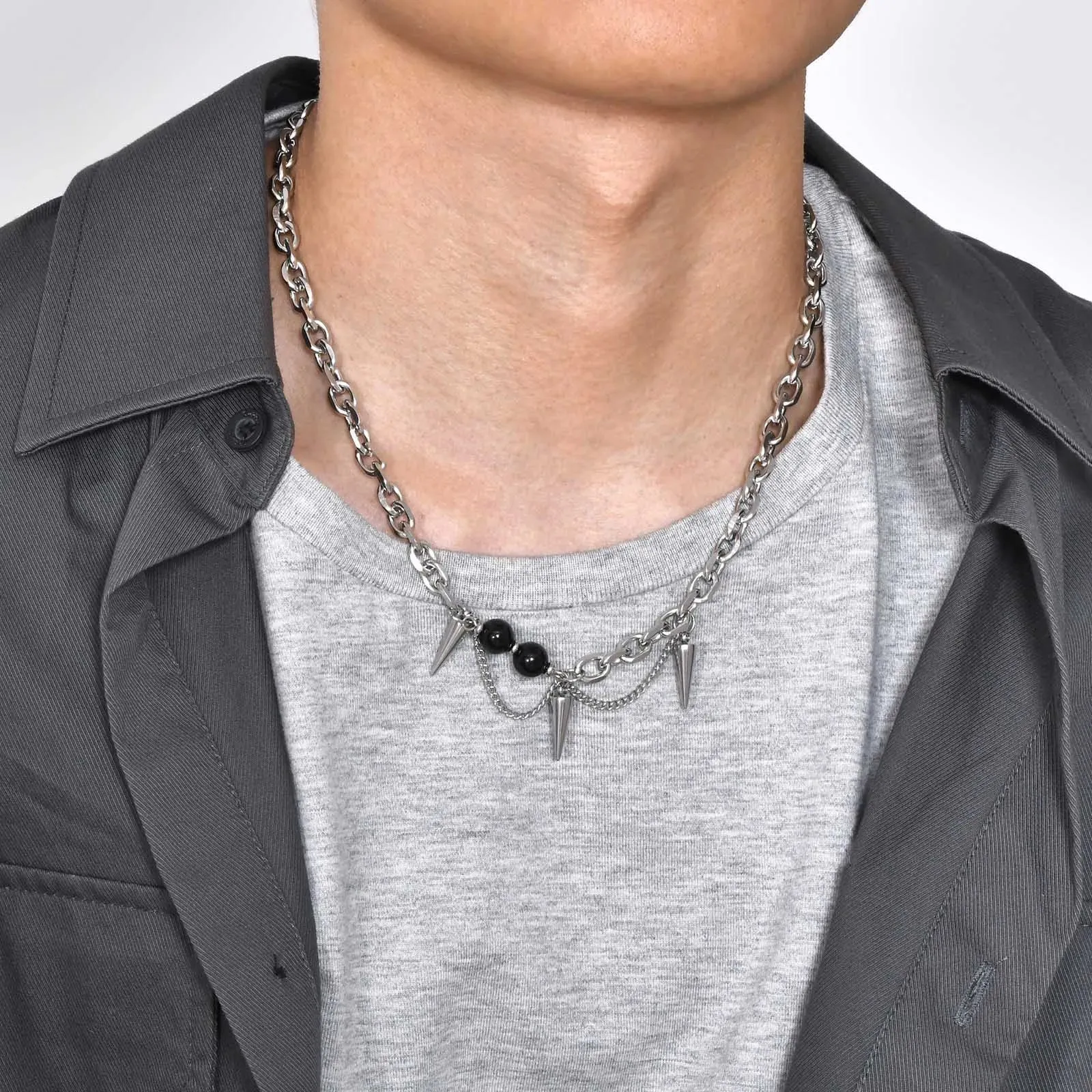 Mens Gothic Cone Necklaces, Waterproof Stainless Steel Rolo Link Chain Choker Collar Gifts
