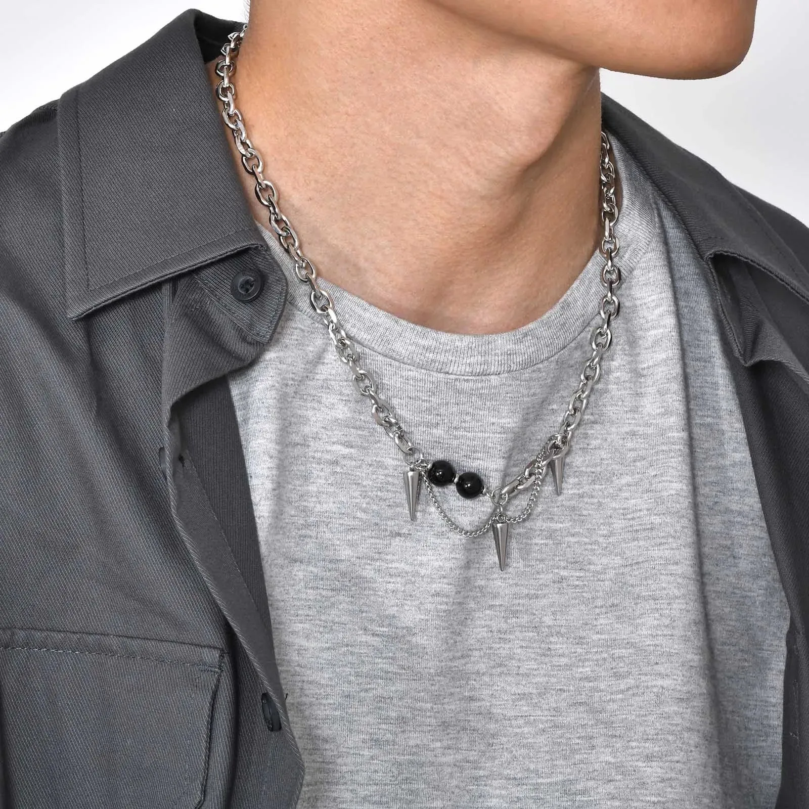 Mens Gothic Cone Necklaces, Waterproof Stainless Steel Rolo Link Chain Choker Collar Gifts