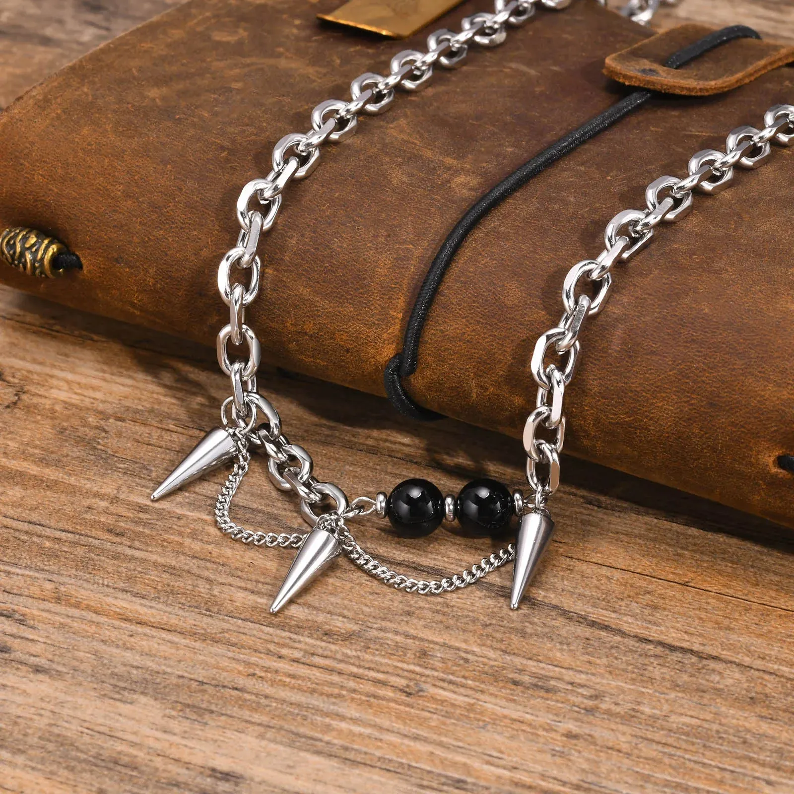 Mens Gothic Cone Necklaces, Waterproof Stainless Steel Rolo Link Chain Choker Collar Gifts