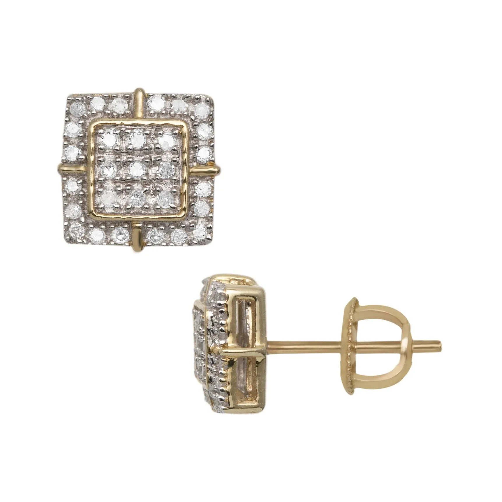 Men's Square Halo Micro-Pavé Diamond Stud Earrings 0.22ct 14K Yellow Gold