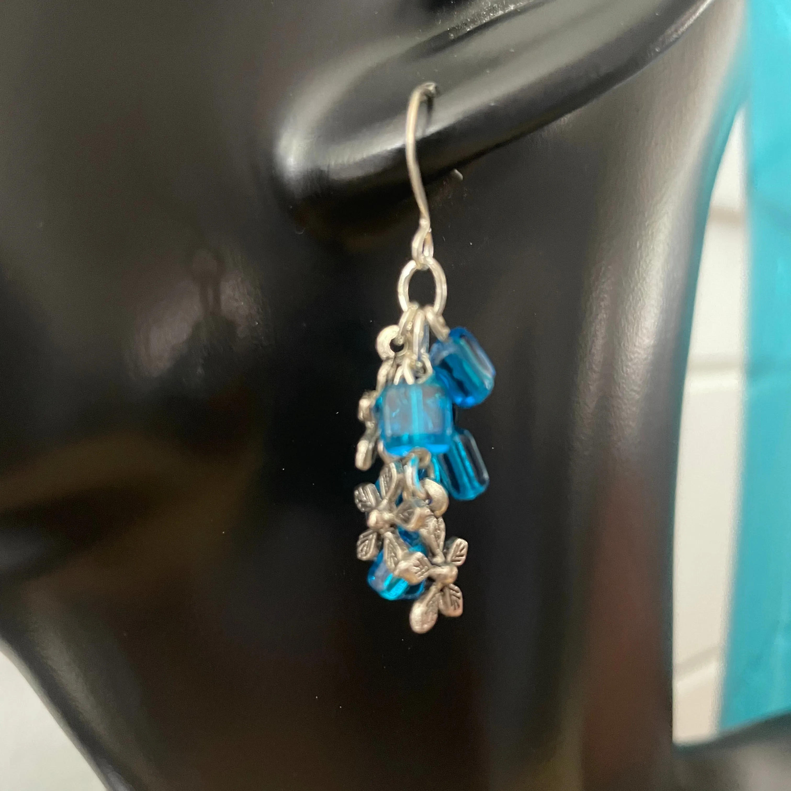 Mini Square Blue Glass Bead & Antiqued Flower Dangle Earrings 1.5” Geometric Floral Mixed Metal Women Gift Everyday Fashion Handmade Jewelry