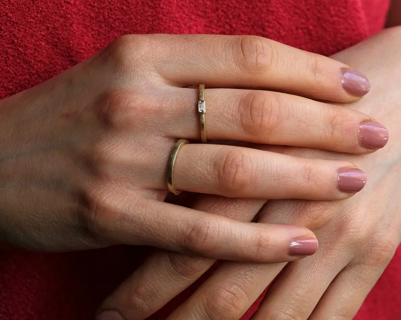 Minimalist Angular Hammered Wedding Ring Set