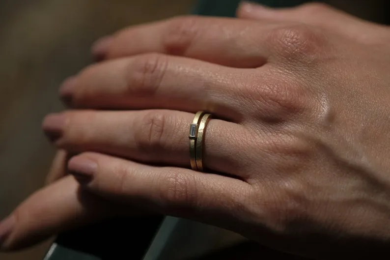 Minimalist Angular Hammered Wedding Ring Set