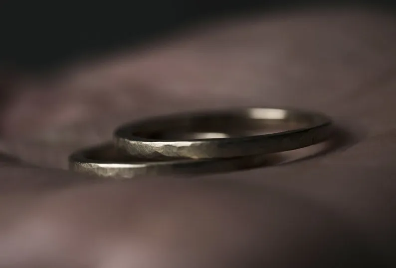 Minimalist Angular Hammered Wedding Ring Set