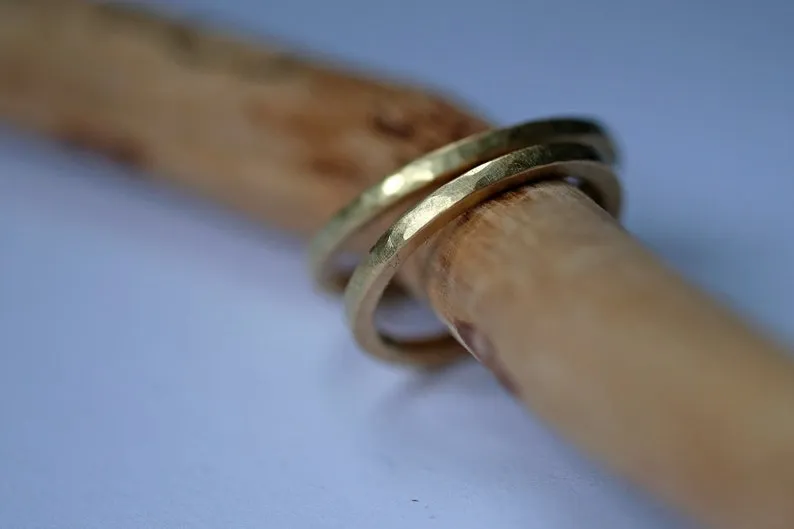 Minimalist Angular Hammered Wedding Ring Set
