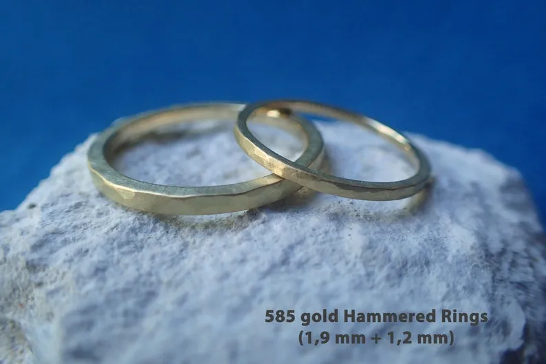 Minimalist Angular Hammered Wedding Ring Set