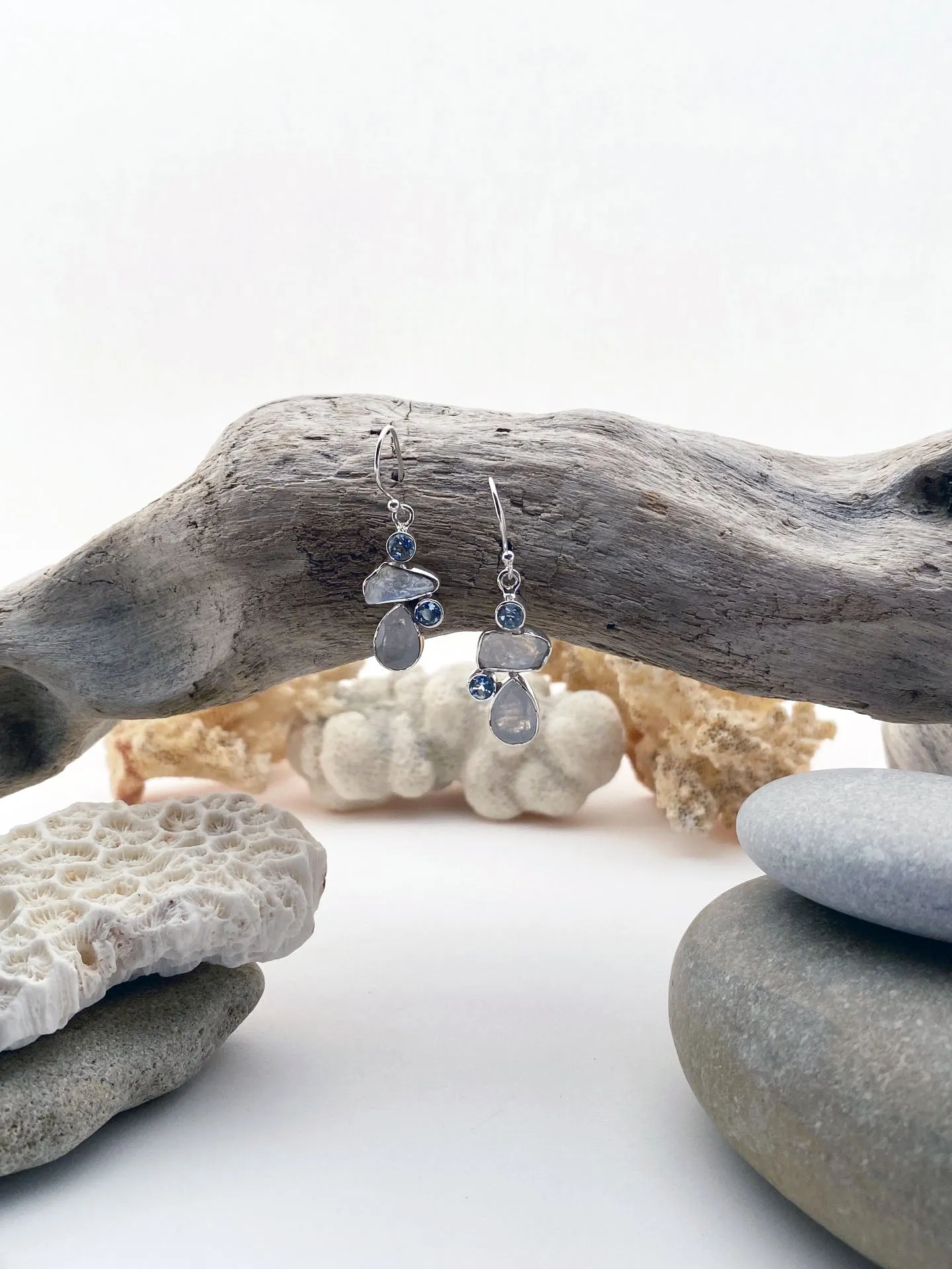 Moon Stone & Blu Topaz Drop Earrings