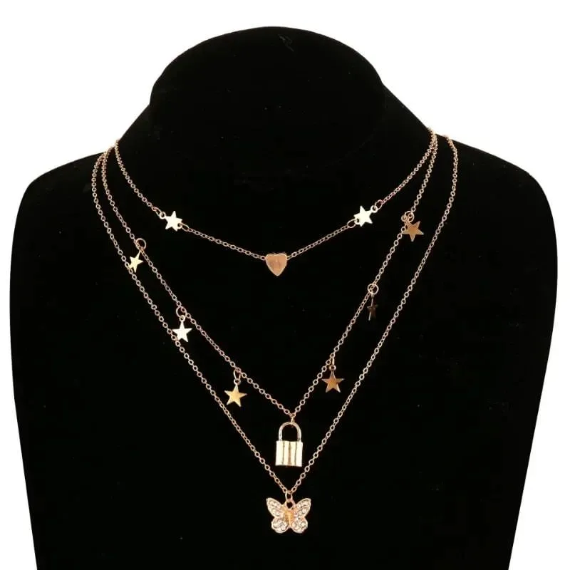 Multilayer Chain Necklace Butterfly Lock Heart Star Pendant Collier For Women Girls Female Fashion Jewelry