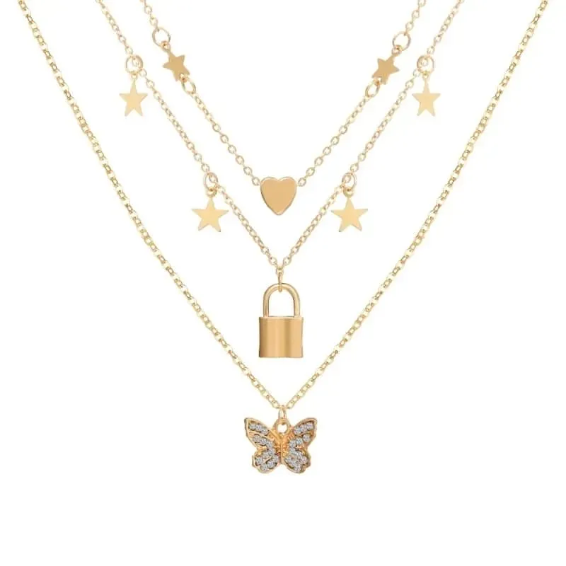 Multilayer Chain Necklace Butterfly Lock Heart Star Pendant Collier For Women Girls Female Fashion Jewelry