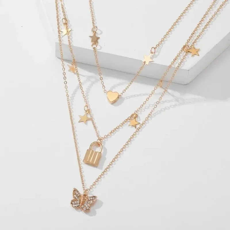 Multilayer Chain Necklace Butterfly Lock Heart Star Pendant Collier For Women Girls Female Fashion Jewelry