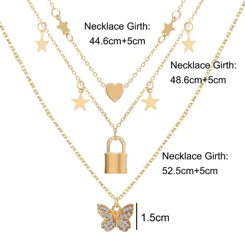 Multilayer Chain Necklace Butterfly Lock Heart Star Pendant Collier For Women Girls Female Fashion Jewelry