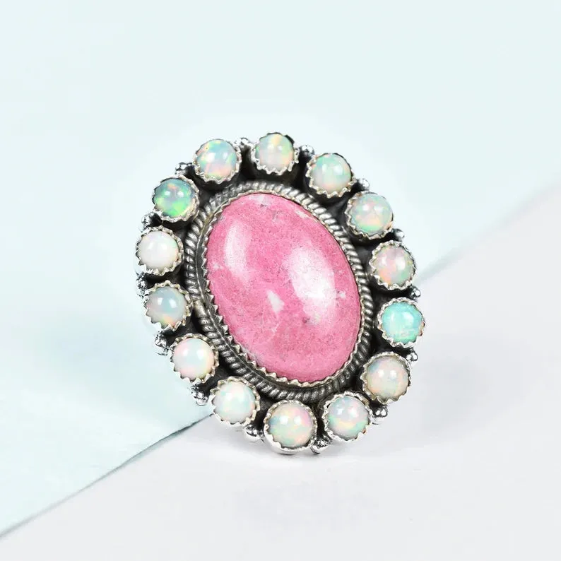 Native American Pink Thulite & Ethiopian Opal Cluster Rings - 925 Sterling Silver Handmade Vintage Rings