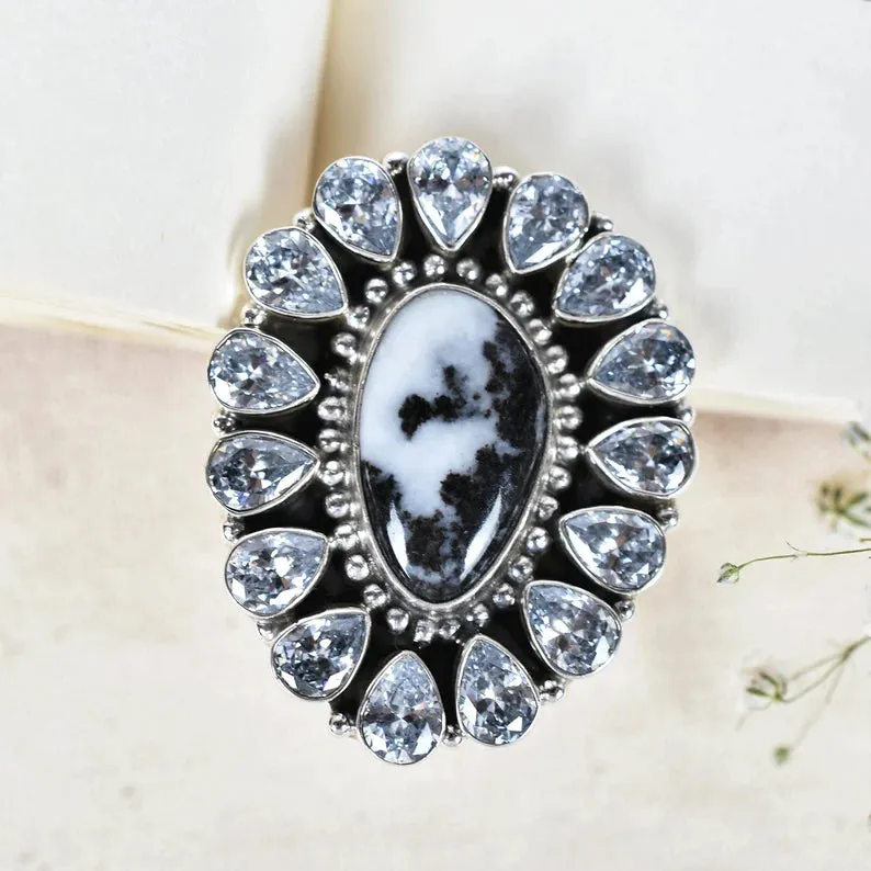 Native American Zebra Jasper And Cubic Zirconia Cluster Rings - 925 Sterling Silver Handmade Vintage Rings