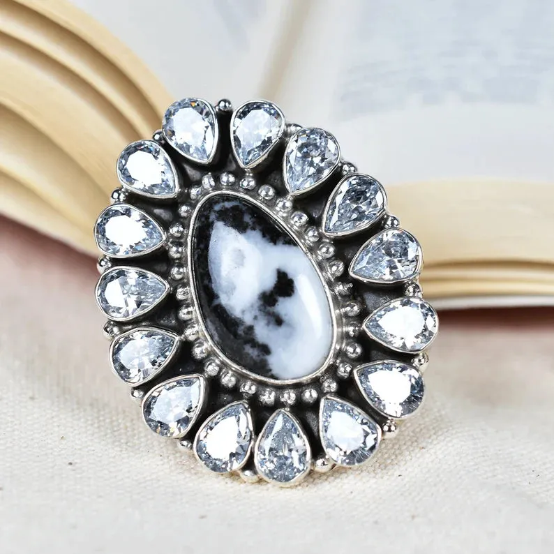 Native American Zebra Jasper And Cubic Zirconia Cluster Rings - 925 Sterling Silver Handmade Vintage Rings