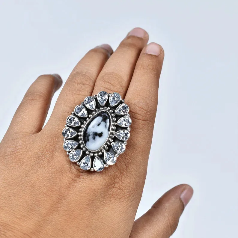 Native American Zebra Jasper And Cubic Zirconia Cluster Rings - 925 Sterling Silver Handmade Vintage Rings