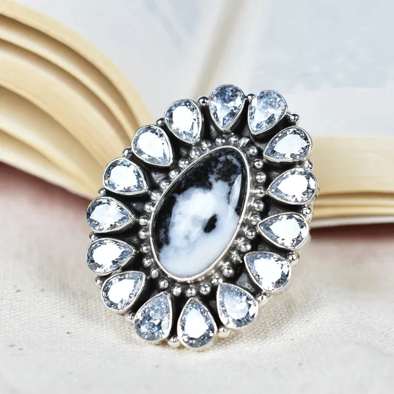 Native American Zebra Jasper And Cubic Zirconia Cluster Rings - 925 Sterling Silver Handmade Vintage Rings