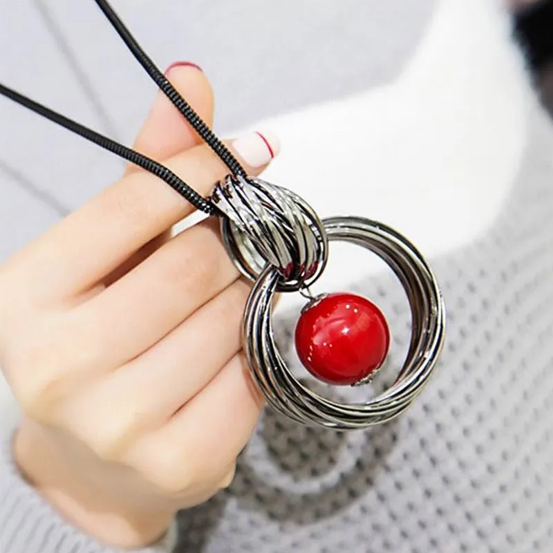 New circles simulated pearl ball pendant long necklace women black chain fashion jewelry
